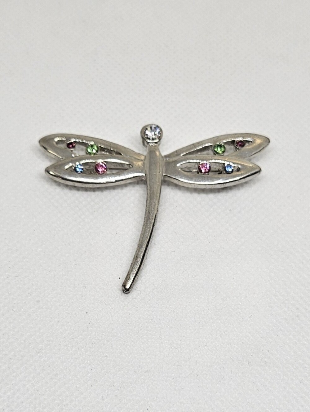 Dragonfly Brooch Silver Tone Multicolor Rhinestone Costume Jewelry Pin